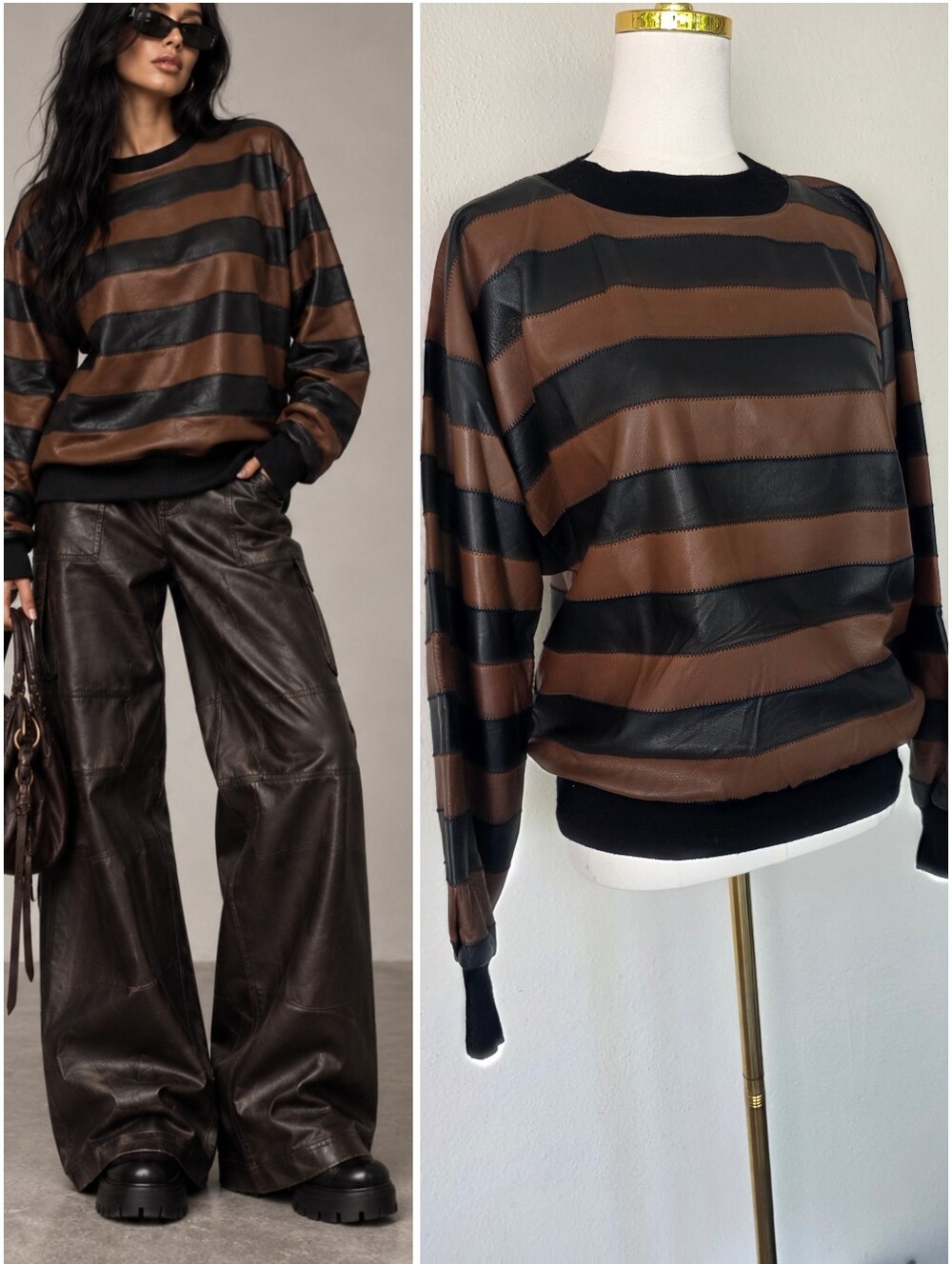 Vintagw Nancy Heller Leather Pullover Brown Black Striped Avant Garde Sz 2